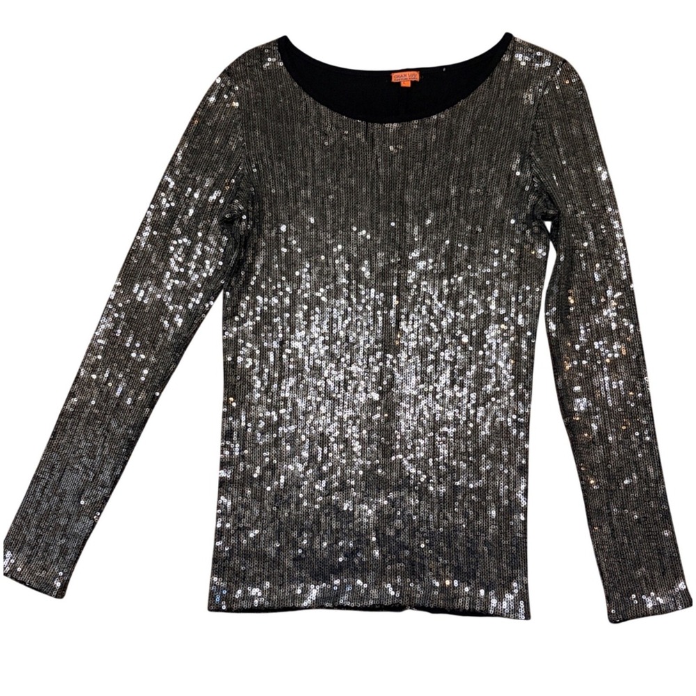 Chan Luu Sequin Top Silver Gray Long Sleeve Ombre Blouse Sparkly Size L Metallic